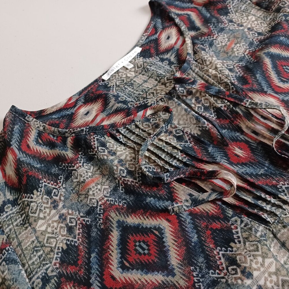 Aztec Pattern Tab Sleeve Blouse - Picture 3 of 16